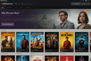 hdmovieshub llustration showing a warning symbol over a laptop streaming pirated movies.