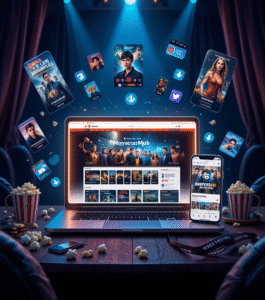 hdmovieshub interface on a laptop and smartphone with movie posters and download icons in a cinematic setting.
