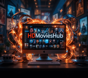 hdmovieshub interface on a laptop and smartphone with movie posters and download icons in a cinematic setting.