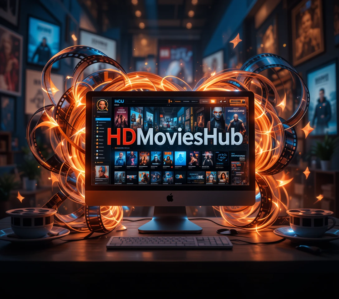 hdmovieshub interface on a laptop and smartphone with movie posters and download icons in a cinematic setting.