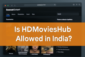 Screenshot of a computer screen displaying the HDMoviesHub website with an orange overlay asking, "Is HDMoviesHub Allowed in India?"